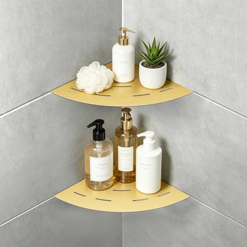 soaez Brushed Gold Corner Shower Shelf, SUS304 Stainless Steel Recessed Bathroom Shower Shelves, No Drilling Grout Mount Shelf for Shower, Bathroom Accessories (8", 2Pack) - color: Brushed Gold, size: No Drilling