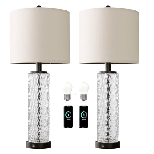 Oneach 27.75” Table Lamps Set of 2, Black Modern Bedside Lamp with LED Night Light, USB A+C, Glass Lamps for Living Room, Bedroom, Nightstand, Office, End Table (2 Bulbs Included) - color: Black - White Shade