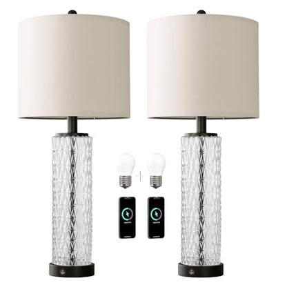 Oneach 27.75” Table Lamps Set of 2, Black Modern Bedside Lamp with LED Night Light, USB A+C, Glass Lamps for Living Room, Bedroom, Nightstand, Office, End Table (2 Bulbs Included) - color: Black - White Shade