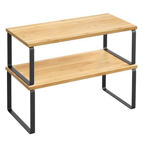 SONGMICS Cabinet Organizer Shelf, Set of 2 Kitchen Counter Shelves, Kitchen Storage, Spice Rack, Stackable, Expandable, Metal and Engineered Wood, 15.6 Inches, Ink Black and Natural Beige UKCS200B01 - color: Ink Black + Natural Beige, size: 15.6"w