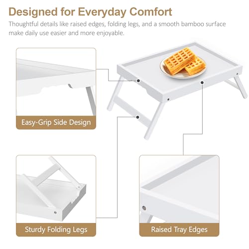 Breakfast Tray with Folding Legs Set of 2, Bamboo Bed Tray Table 15.7" Foldable TV Dinner Tray with Ergonomic Wave Handles for Bed Couch Sofa, Breakfast, Snacks, Coffee, White - color: White, size: Medium