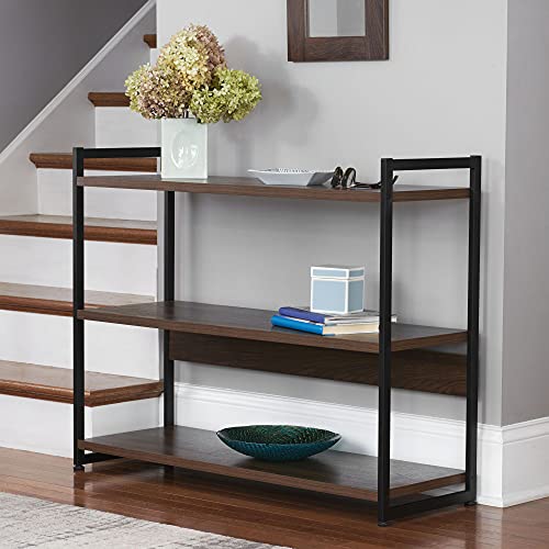 Household Essentials Jamestown Wide 3 Shelf Open Storage Bookshelf Mid Century Walnut Wood Grain and Black Metal - color: Walnut
