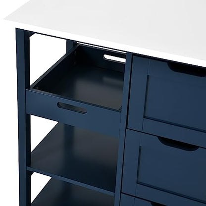 YITAHOME Small Solid Wood Top Kitchen Island Cart on Wheels with Storage, Rolling Portable Dining Room Serving Utility Carts Mobile Movable with 3 Drawers Cabinet, Navy Blue - style: 26.7"W Blue