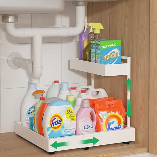 REALINN L-Shaped Under Sink Organizer with 6-Level Height Adjustment & Expandable Width, Pull-Out Cabinet Storage Rack with Quiet Sliding Rails for Kitchen, Bathroom, Laundry Room Cabinets, White - color: White, size: 1 Pack