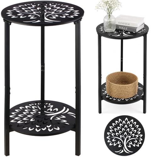 1 Pack 2-Tier Metal Round Side Table Black Accent Coffee Tables Small Space Corner Plant Stand Shelf for Indoor Outdoor Use Patio Balcony End Table Laser-Cut Floral Pattern Weather-Resistant - color: Matte Black Tree, size: 23.5"H x 13"D