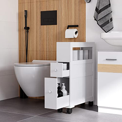 HOMCOM 6.25" x 20.5" x 28.25" Wood Rolling Narrow Bathroom Side Storage Cabinet - White - color: White