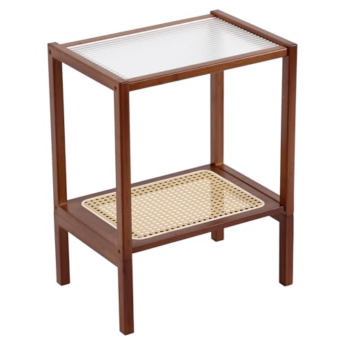 Tiita Rattan Side Table, Mid Century Nightstand, 2-Tier Bamboo Accent Bedside Tables, Glass Coffee Tables, Boho Wooden Narrow End Table with Storage for Small Space, Living Room and Bedroom - color: 2-tier-rattan-brwon
