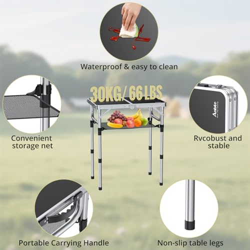 Anbte Folding Camping Table, Aluminum 24" x 16" Adjustable Height Small Folding Table with Carrying Handle, Lightweight, Portable Camping Table Waterproof for Outdoor Indoor Picnic Beach BBQ (Black) | Portable Picnic Table with Net Storage, Quick Assembly
