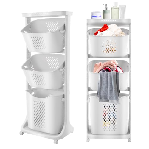 3 Tier Rolling Laundry Basket Vertical laundry hamper Sorter Cart with Wheels and Breaks Bathrooms Clothes Hamper 3 Section laundry organizer for Kitchens, Bedrooms, Laundry Rooms