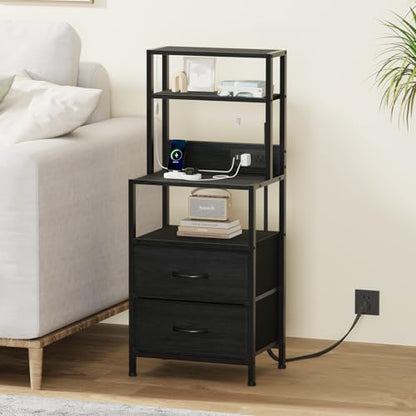 Furnulem Night Stand, Tall Nightstand with 4-Tier Shelves, 2 Fabric Drawers and Led Lights, Bed Side Tables with Charging Station, Bedside Table for Bedroom, Office, Black Oak | 4-Tier Shelves - color: Black Oak, size: 2 Drawer