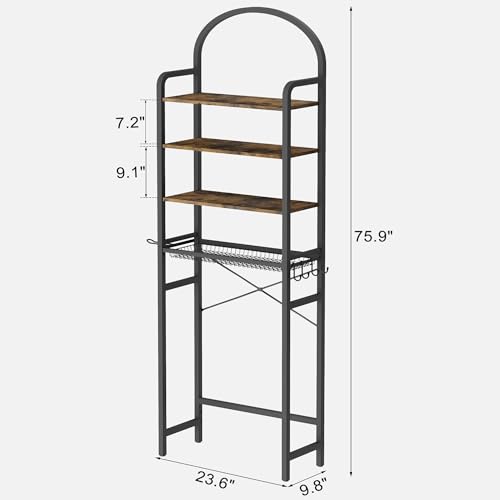 76" H Over the Toilet Storage Rack, 4-Tier Bathroom Organizer with Toilet Paper Holder & Hooks, Metal Frame with Wooden Shelves, Space Saver for Small Bathroom, Rustic Brown and Black - size: 4-tier