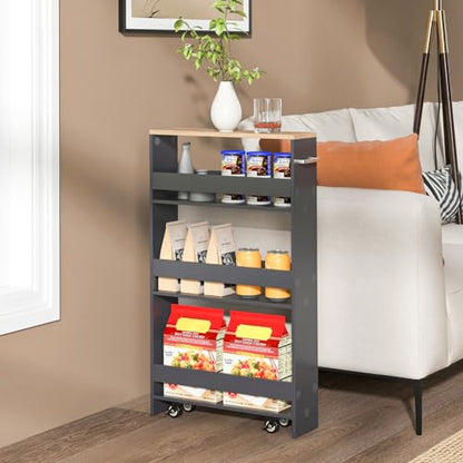 LOKO Slim Storage Cart, 4-Tier Rolling Cart with Handle & Wooden Top for Kitchen Bathroom Laundry Living Room Narrow Small Spaces, 5 Inches Width (Grey & Natural) - color: Grey & Natural