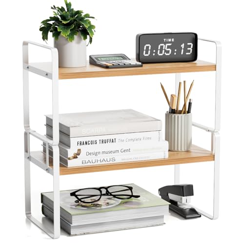 YGYQZ Desk Shelf Organizer, 2-Tier Desktop Bookshelf, White & Wood | Detachable Design, 2-Tier Storage, Multi-Use Desktop Shelf, Compact Organization, Ideal for Office, Dorm & Home - color: 2-tier White/Wood