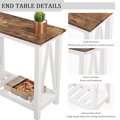 Narrow End Table Rectangular Side Tables for Small Spaces Wood Framed Night Stands Sofa Bedside Table for Living Room Brown Smooth Tabletop Industrial Accent Furniture for Bathroom Bedroom - color: Brown&white