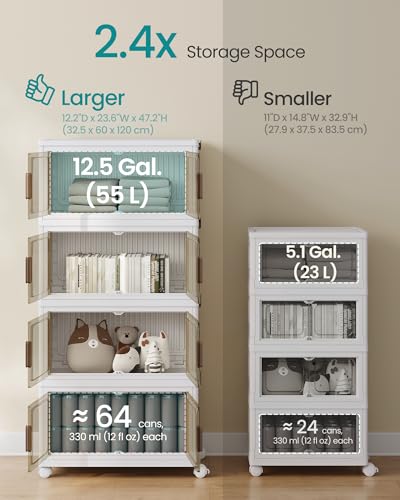 SONGMICS 58QT Plastic Storage Bins with 1 Lid, 4-Tier Stackable Bins with Doors and Wheels, Foldable Storage Boxes, for Closets, Bedroom, Living Room, Office, White URLB460WZ01 - size: 4 x 58QT