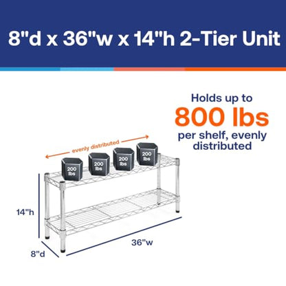 Shelving Inc. 8" d x 36" w Chrome Wire Shelving with 2 Tier Shelves, Weight Capacity 800lbs Per Shelf - size: 8" d x 36" w x 14" h