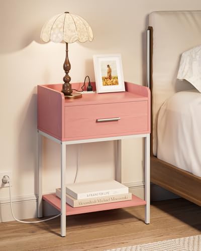 Nightstand with Charging Station,3-Tier Modern Bedside Table Night Stand with Storage Drawer and Open Shelf,Small End Side Table for Bedroom,Living Room,Pink - color: Pink With Charging Station