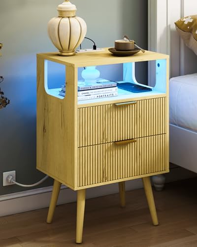 JOONEE Nightstand with Charging Station and LED Lights,Modern Bedside Table with 2 Storage Drawer and Open Wood Shelf, for Bedroom and Small Spaces,Night Stand with Solid Wood Legs (Yellow Oak) - color: Yellow Oak
