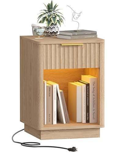 Akxomel Fluted Nightstand, Wooden Night Stand with Charging Station and LED Light, Modern Mid Century End Table with Drawer, 15" D x 15.7" W x 22.6" H, for Bedroom, Natural Oak - color: Natural Oak