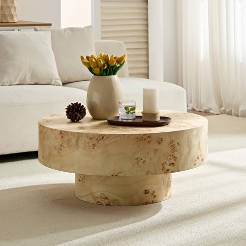 31.49'' Round Coffee Table Modern Wood Coffee Table for Living Room, Contemporary Circle Fluted Drum Pedestal Style, Burl Wood Veneer, Easy Assembly, Natural (ø31.49'' x 13.77'') - color: Ø31.49'' -Natural