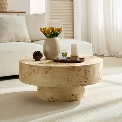 31.49'' Round Coffee Table Modern Wood Coffee Table for Living Room, Contemporary Circle Fluted Drum Pedestal Style, Burl Wood Veneer, Easy Assembly, Natural (ø31.49'' x 13.77'') - color: Ø31.49'' -Natural