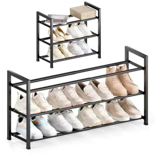 Bumusty 3 Tier Expandable Shoe Rack for Closet, Black | 18"-33" Adjustable Shoe Rack for Entryway, Small Shoe Organizer for Dorm, Front Door, Sturdy Metal - color: Black, size: 3-tier