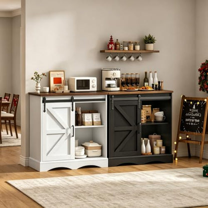 HOMFAMILIA 31.5" H Farmhouse Coffee Bar Cabinet w/Storage, White Kitchen Coffee Station with Sliding Barn Door, Rustic Buffet Cabinet with Adjustable Shelves, for Kitchen, Living Room, Black - color: Black