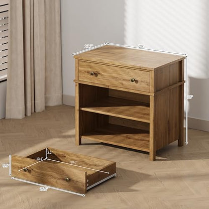 End Table with Drawer and 2 Tier Shelves, Wood Sofa Side Table for Living Room, Modern Nightstand Bedside Table for Bedroom, Small Console Table for Entryway, Hallway, Natural - color: Natural