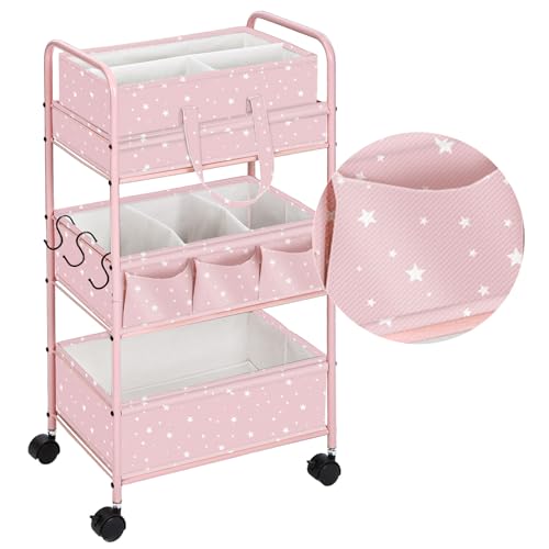 Yookeer 2in1 Baby Diaper Caddy Organizer Cart 3 Tier Large Capacity Metal Utility Bedside Rolling Cart with Divider Newborn Registry Gift Nursery Essential Must Have Bedroom Baby Shower(Pink,Star) - color: Pink, style: Star
