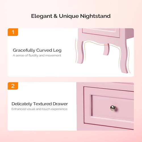 Bonnlo Nightstand with 2 Drawers, Night Stands for Bedrooms, Small Bed Side Table/White Night Stand with Drawers for Small Spaces, College Dorm, Kids’ Room, Living Room, French, 16W x 12D x 24H, Pink - color: Pink
