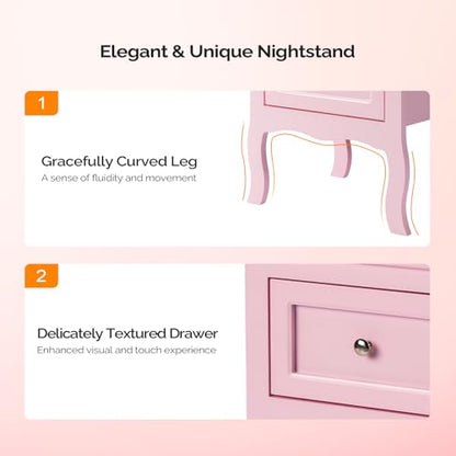 Bonnlo Nightstand with 2 Drawers, Night Stands for Bedrooms, Small Bed Side Table/White Night Stand with Drawers for Small Spaces, College Dorm, Kids’ Room, Living Room, French, 16W x 12D x 24H, Pink - color: Pink
