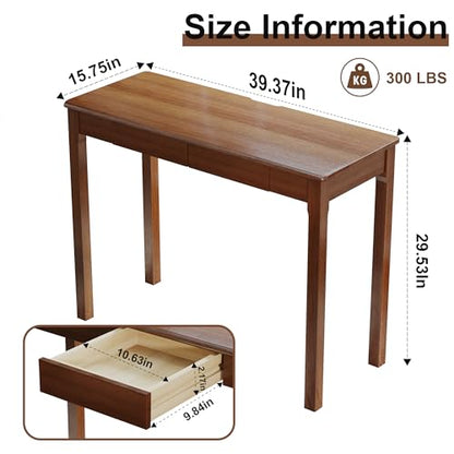 Solid Wood Desk with Drawers - 39" Narrow Desks for Small Spaces, Mid Century Modern Desks, Small Wooden Vintage Computer Writing Desk, Study Table for Home Office Bedroom, Walnut