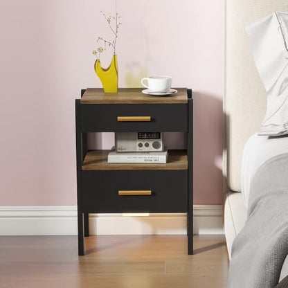 Nightstand with 2 Drawers and Open Shelf Wooden Bedside Table Gold Handles Modern Storage Night Stand Sensor Light for Bedroom, Black and Brown - color: Black and Brown
