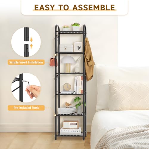 PouHenier.jh 6 Tier Tall Metal Narrow Skinny Shelf Free Standing for Bathroom, Thin Shelving Unit for Pantry or Kitchen, Slim Open Tower Rack with 10 Hooks, Space Saving and No Tools Assembly (Black)