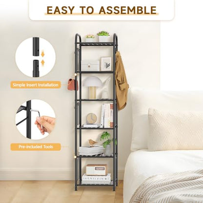 PouHenier.jh 6 Tier Tall Metal Narrow Skinny Shelf Free Standing for Bathroom, Thin Shelving Unit for Pantry or Kitchen, Slim Open Tower Rack with 10 Hooks, Space Saving and No Tools Assembly (Black)