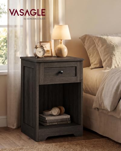 VASAGLE Traditional Basic Nightstand with Charging Station, Wood End Table with 1 Drawer and Open Shelf, 15.7 x 11.8 x 23.2 in, Taupe, for Bedroom, Siren Collection ULET828TA01S - color: Taupe, size: 2 pack