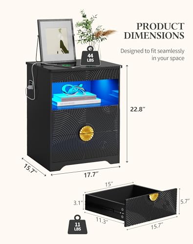 Modern Nightstand Set 2 with Gun Drawer, Bedside Table with 3-Color LED Lights & Human Sensor, Smart Night Stands with Charger Station, 2 Drawers End Table for Bedroom, Black - color: Black Set 2-new