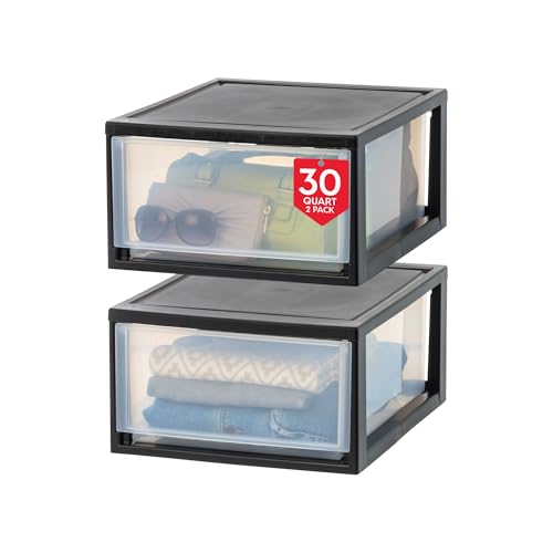 IRIS USA 30 Qt. Plastic Drawer Storage Organizer Stacking Drawers, 2-Pack, Stackable Unit with Sliding Drawer for Clothes Bedroom Kitchen Under Sink Pantry Craft Room Bathroom Dorm Office, Black - size: 30 Qt - 2 Pack