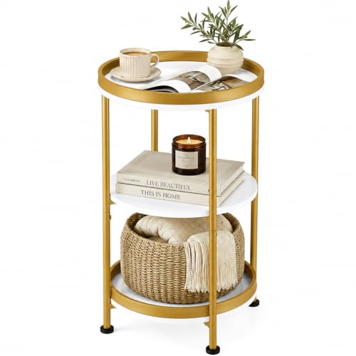 Dulcii Round Side Table with Storage Tray for Living Room, 15" L x 15" W x 24" H Bedroom Nightstand 3 Tiers Bedside Table with Steel Frame for Small Spaces (White & Gold) - color: White + Gold, style: Classic