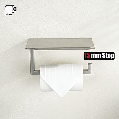 JQK Toilet Paper Holder Shelf, Bathroom Tissue Roll Holder with Phone Shelf, 5 Inch 304 Stainless Steel Tissue Paper Dispenser, Brushed Finished Wall Mount, TPH202-BN-T - color: Brushed