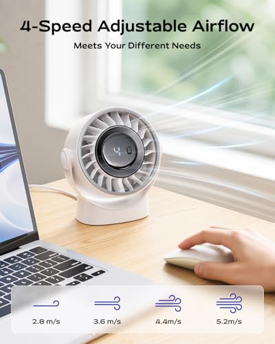 SWEETFULL USB Small Desk Fan - 5 Inch Mini Personal Desktop Fan | 4 Speeds Cooling Strong Airflow, 360° Adjustable Tilt, Quiet Portable Table Fans for Bedroom, Office, Travel & Cruise, Black - color: White
