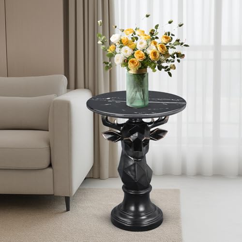 Modern Deer Head Sculpture Side Table, Round Metal End Table with Geometric Animal Base, Industrial Accent Table for Living Room, Bedroom, Office, Dark Bronze Finish - color: Deer - Black Geometric