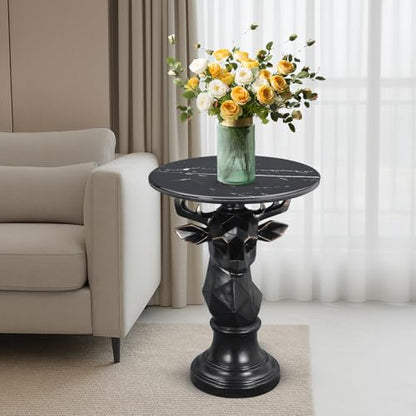 Modern Deer Head Sculpture Side Table, Round Metal End Table with Geometric Animal Base, Industrial Accent Table for Living Room, Bedroom, Office, Dark Bronze Finish - color: Deer - Black Geometric
