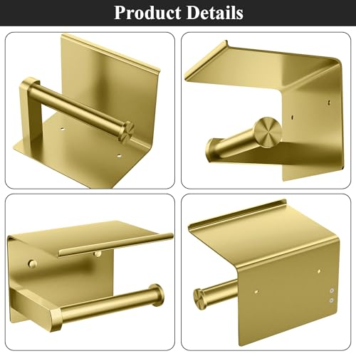 Tindbea Toilet Paper Holder with Phone Shelf, Adhesive or Screw Wall Mount Toilet Tissue Roll Holder, Rustproof & Multifunctional Stainless Steel Bathroom Storage Dispenser (Brushed Gold) | Heavy Duty Stainless Steel Brushed Gold - color: E-brushed Gold