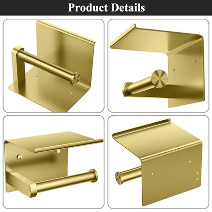Tindbea Toilet Paper Holder with Phone Shelf, Adhesive or Screw Wall Mount Toilet Tissue Roll Holder, Rustproof & Multifunctional Stainless Steel Bathroom Storage Dispenser (Brushed Gold) | Heavy Duty Stainless Steel Brushed Gold - color: E-brushed Gold