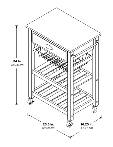 OSP Home Furnishings Hampton Kitchen Cart with Wood Top, Utensil Drawer, Under Cabinet Basket, and 2 Slatted Shelves, White Base