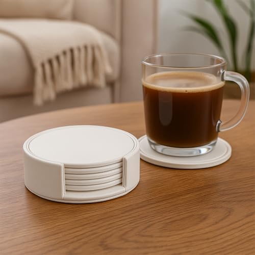 Leather Coaster Set - 4.3 Inch Round Desk Drink Pads for Hot & Cold Beverages, Office & Home Use (White) - color: White
