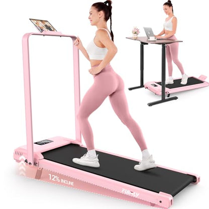 FUNMILY Upgrade Walking Pad Folding Treadmill with 12%/15% Incline & Handle Bar, 3.5HP Foldable Under Desk Compact Treadmills for Home/Office/Gym, 400+lb Capacity, Shock Absorption - color: Misty Lavender Pink