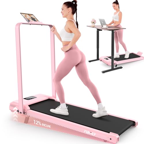FUNMILY Upgrade Walking Pad Folding Treadmill with 12%/15% Incline & Handle Bar, 3.5HP Foldable Under Desk Compact Treadmills for Home/Office/Gym, 400+lb Capacity, Shock Absorption - color: Misty Lavender Pink