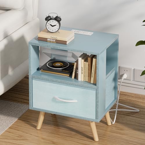 Aenuert Night Stand with Charging Station, Blue Nightstand with Drawer, 2-Tier Wooden Bedside Table with USB Ports and Outlets, End Table for Small Space, Living Room, Bedroom - color: Blue, size: 2-Tier with Charging Station